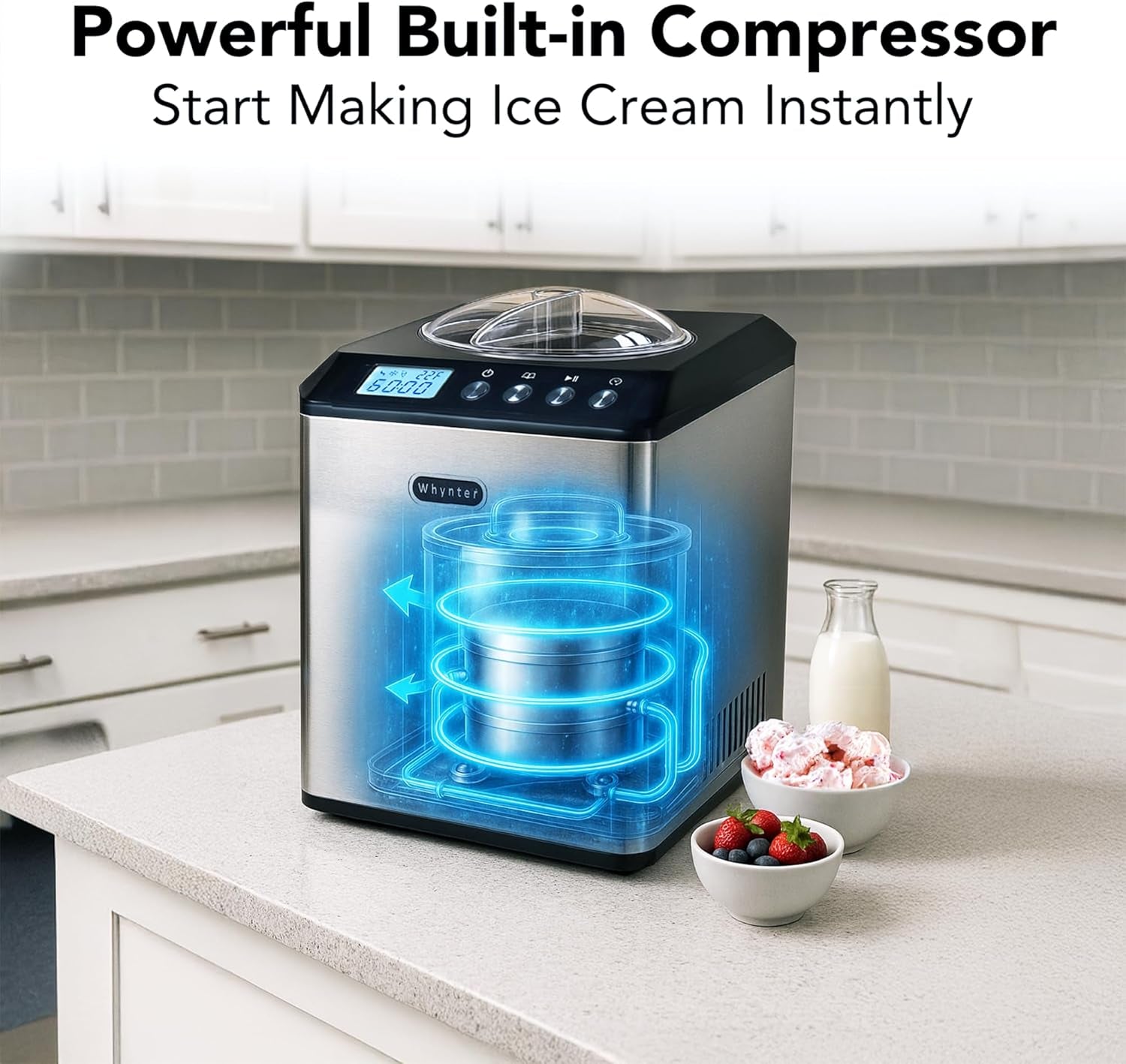 Ice Cream Maker Machine Automatic 2.1 Qt. Upright with Built-In Compressor, LCD Digital Display & Timer, No Pre-Freezing, ICM-201SB, Stainless Steel