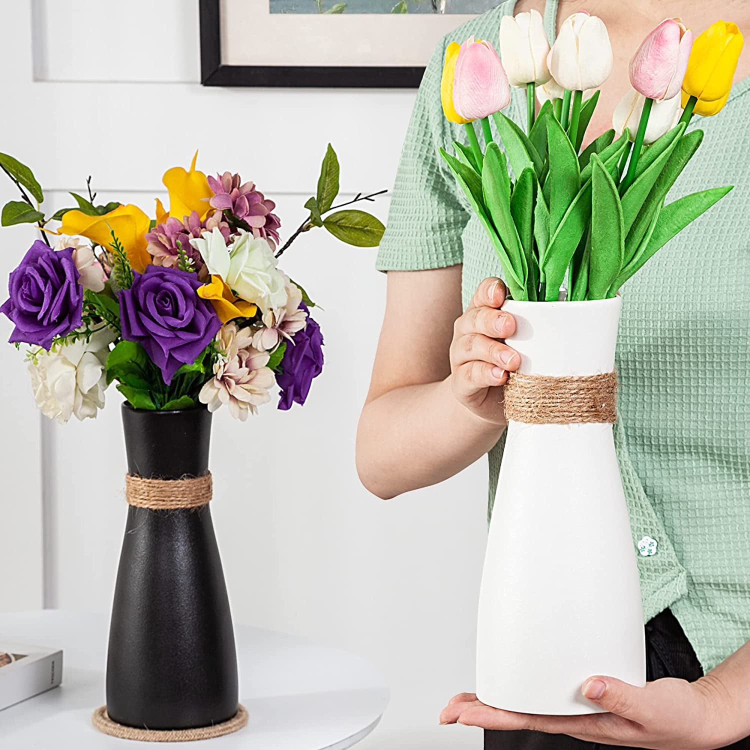 8" Flower Vase Ceramic Vases for Flowers Black Vase White Vase for Decor Boho Vase Rustic Vase Farmhouse Vase Vintage Vase Fall Vase Living Room Decor Rustic Home Decor Fall Farmhouse Décor