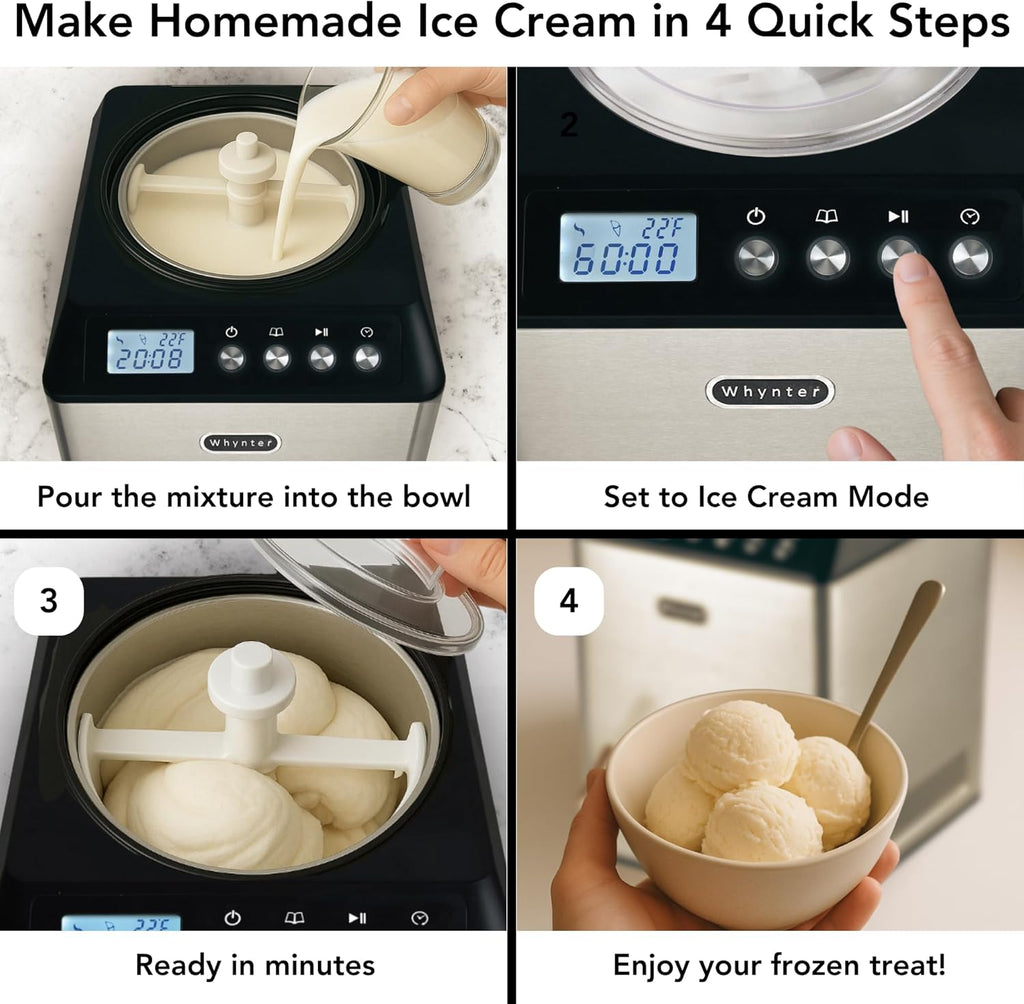 Ice Cream Maker Machine Automatic 2.1 Qt. Upright with Built-In Compressor, LCD Digital Display & Timer, No Pre-Freezing, ICM-201SB, Stainless Steel