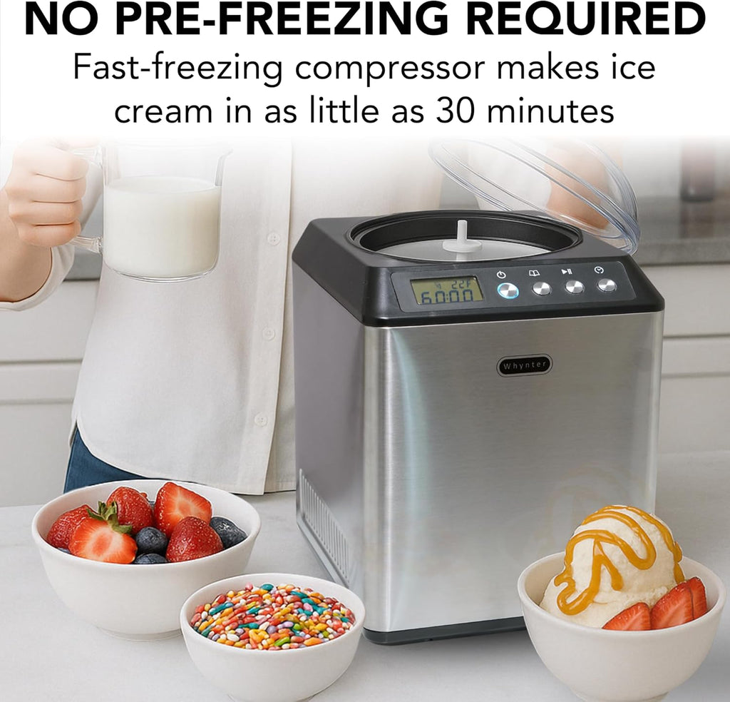 Ice Cream Maker Machine Automatic 2.1 Qt. Upright with Built-In Compressor, LCD Digital Display & Timer, No Pre-Freezing, ICM-201SB, Stainless Steel